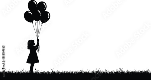 Little girl holding balloons silhouette, childhood innocence vector illustration, playful outdoor scene, freedom and imagination concept, minimal black and white artwork