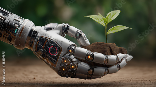 close-up robotic hand holding seedling technology nature harmony