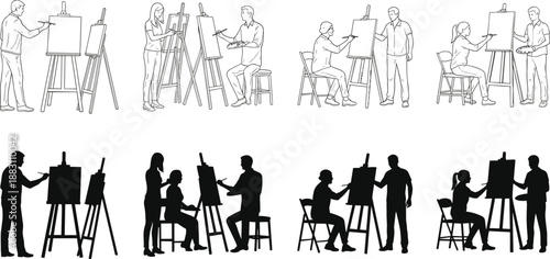 Artists painting on easels, drawing class scenes vector illustration set, art education concept, creative people silhouettes, sketch and paint activities