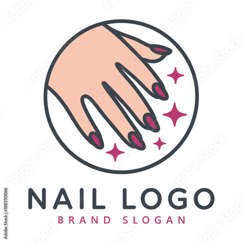 Nail salon logo with hand and stars on white background icon