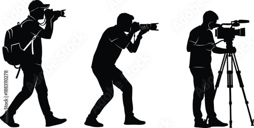 Photographer and videographer silhouettes collection, professional camera operators shooting photos and video, media production vector illustration set for journalism, filmmaking, content creation