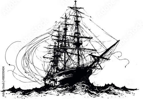 Graphic drawing of a sailing ship with stylized wind swirls