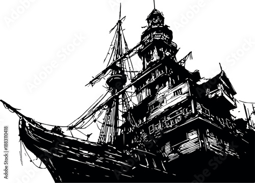 Detailed black and white illustration of a massive wooden sailing ship with a lighthouse tower