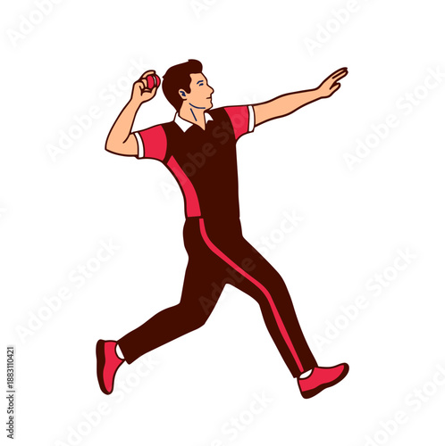 Illustration of a cricket bowler in throwing action preparing to deliver the ball, representing athletic movement, speed, and professional cricket gameplay.