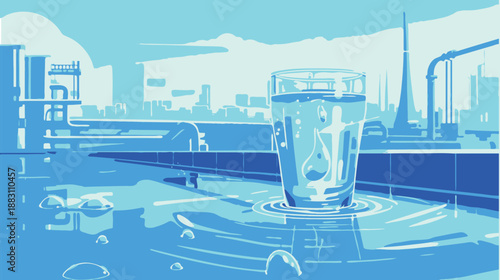 Stylized water purification illustration: from droplet in pipes to clean glass, blue flat design