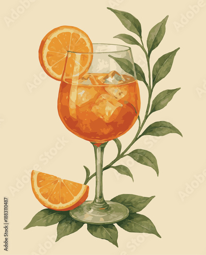 Vintage botanical illustration of an orange cocktail with leaves and ice on a beige background