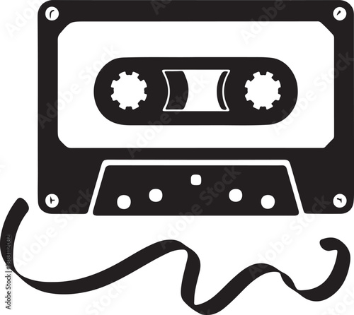 A nostalgic black audio compact cassette with its magnetic tape unspooled on a grid pattern