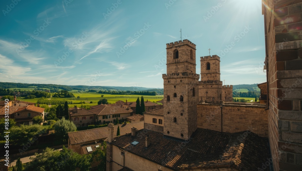 Fototapeta premium Towers of a medieval townscape, highlighting heritage architecture and urban planning, Unesco recognition