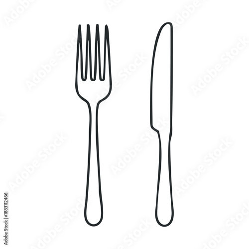Set of cutlery flat vector illustration in outline style fork and knife for food eating restaurant kitchen dishware isolated on white background
