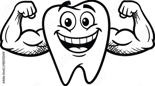 A cartoon representation of a tooth. It has a cheerful expression, with wide eyes and a broad smile 