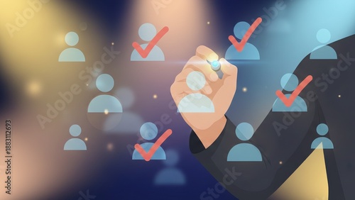 A hand selecting people icons with a checkmarks, showing Delegation, approval process, HR analytics selection concept
