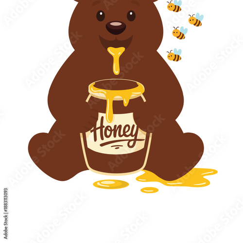A cartoon bear enjoying honey from a jar with bees flying nearby