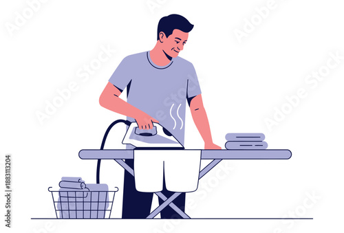 A man ironing clothes on an ironing board with a basket of laundry nearby