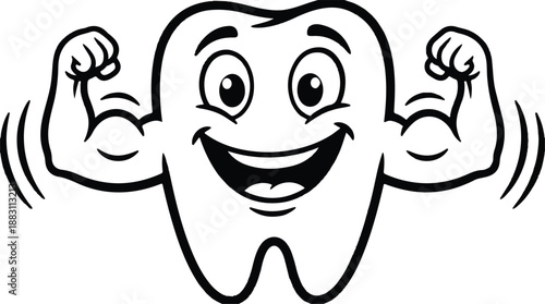 A cartoon representation of a tooth. It has a cheerful expression, with wide eyes and a broad smile 