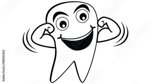 A cartoon representation of a tooth. It has a cheerful expression, with wide eyes and a broad smile 