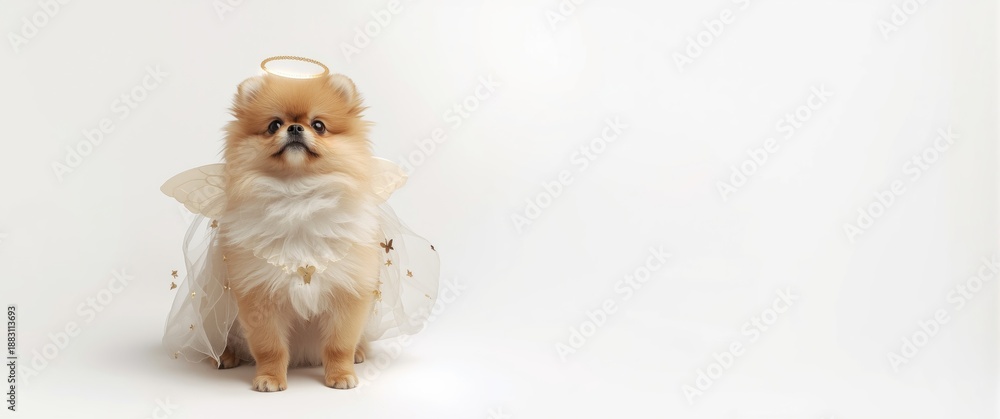 Fototapeta premium Cute pomeranian puppy in angel costume looking up with reflection on white background