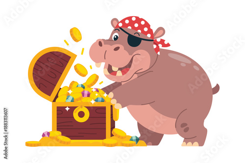 A cartoon hippopotamus wearing a pirate bandana and eye patch excitedly discovers a treasure chest overflowing with gold coins and jewels.