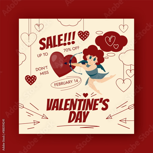 Vector Valentine's day square banner template. Simple holiday sale poster. Cute cupid shoots a bow. Arrow pierced heart icon. Graphic romantic card design. Doodle drawn elements. Flat carton ad layout