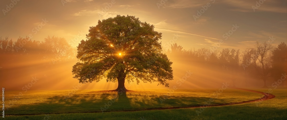 Obraz premium Sun's rays enhance fruit and foliage during orange sunset