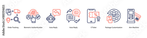Secure Digital Access web banner icon vector illustration featuring Order Tracking, Biometric Authentication, Auto Reply, Auto Reply, E Ticket, Package Customization, and Atm Machine.
