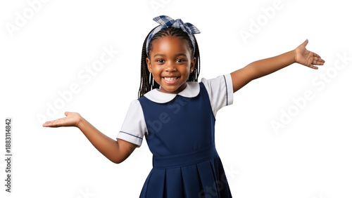 Happy young African American girl in school uniform with arms outstretched.
