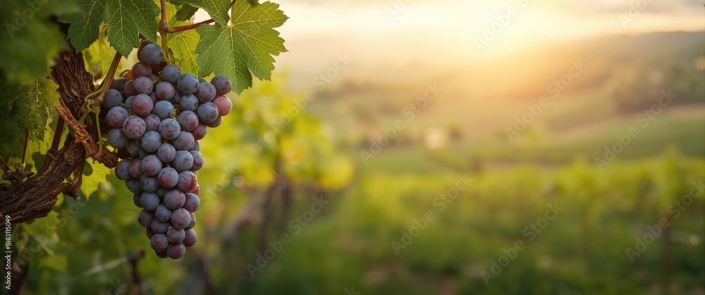 Fototapeta premium Ripe grapes and leaves on a plant in a summer vineyard setting with trees and landscape