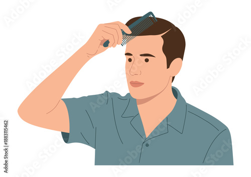 A man with brown hair combing his hair with a blue comb while wearing a blue shirt