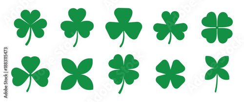 Nine vibrant green clover shamrocks: classic 3-leaf and 4-leaf styles. Clean vector icons for holidays, logos, apparel, invitations. Transparent PNG, scalable for stock sites, commercial printing.