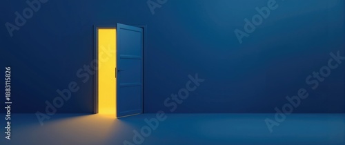 Open door with yellow light inside, isolated on blue background, illustrating room interior design elements and modern minimal style, symbolizing opportunity