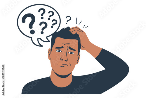 A confused man scratching his head with question marks above him