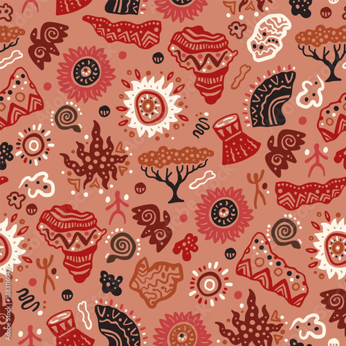 Africa shapes seamless pattern of ethnic symbols, drawings of Africans. Ethiopia. Vector illustration tribal geometric decoration background. Vector Ancient indian shapes and animal print doodles. 
