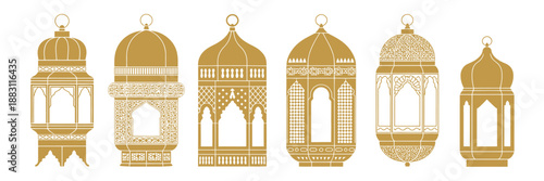 Golden arabic lanterns with elegant design, perfect for illustrating islamic holidays, ramadan, eid celebrations, cultural traditions, festive decorations, and luxury vector illustration projects.