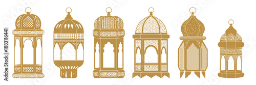 Golden arabic lantern vector collection, featuring elegant islamic decorative lamps ideal for ramadan, eid al fitr, eid al adha, cultural celebrations, festive backgrounds