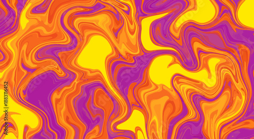 Vibrant abstract background with swirling patterns of bright yellow, rich orange, and deep purple creating a dynamic and fluid artistic design texture