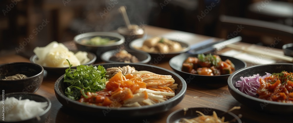 Obraz premium Kimchi and Vegetables Side Dishes at a Korean Restaurant on a Wooden Table