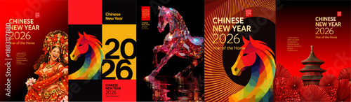 Chinese New Year 2026 poster collection celebrating the Year of the Horse with vibrant red and gold colors, abstract horse illustrations and traditional Asian elements. Festive modern designs for Luna