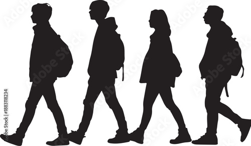 Silhouettes of students walking vector illustration in black and white
