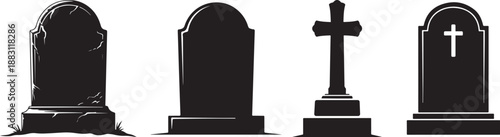 Gravestone and Cross Silhouettes Set on White Background, cemetery memorial symbols, tombstones, funeral remembrance, religion, death concept isolated on white background.