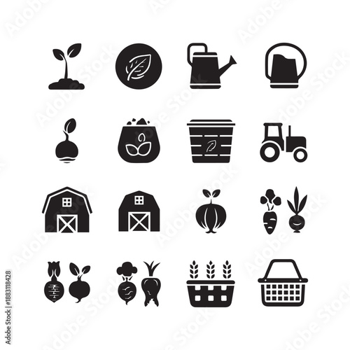 Comprehensive Set of Black and White Flat Agriculture and Organic Farming Icons.