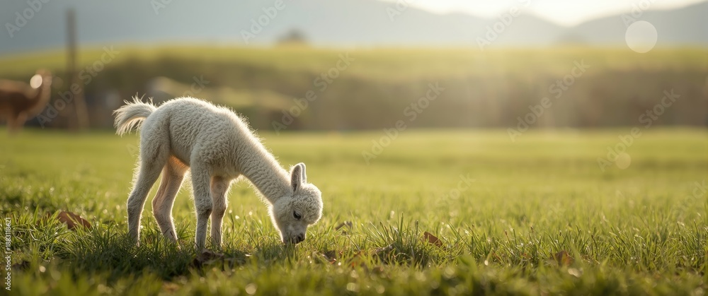 Obraz premium Adorable baby Alpaca Vicugna pacos with white fur on farm background, surrounded by food and nature