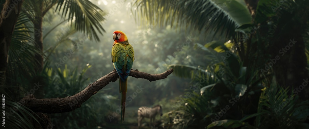 Obraz premium Wild animals set against a jungle-pattern backdrop