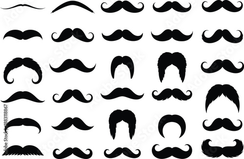 a collection of various black mustache shapes and styles arranged in a grid pattern showcasing facial hair designs high quality professional