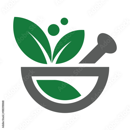 Mortar and pestle with green leaves and bubbles  herbal medicine symbol icon