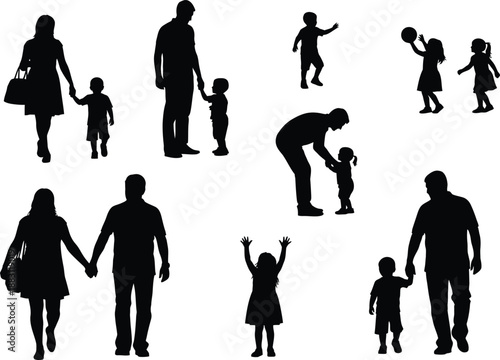 A collection of black silhouette figures depicting families and individuals engaged in various everyday activities illustrating connection and togetherness high quality