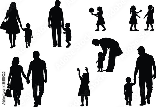 a collection of black silhouette figures depicting various family interactions and poses including parents and children together high quality professional detailed