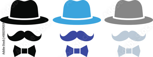 A stylistic illustration showcasing three distinct gentlemanly hat mustache and bow tie combinations in varying shades high quality professional detailed modern