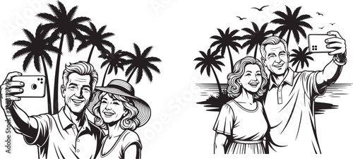 Happy Couple Taking Selfie on Tropical Vacation – Palm Tree Travel Illustration. Couple takes a selfie under tropical palm trees