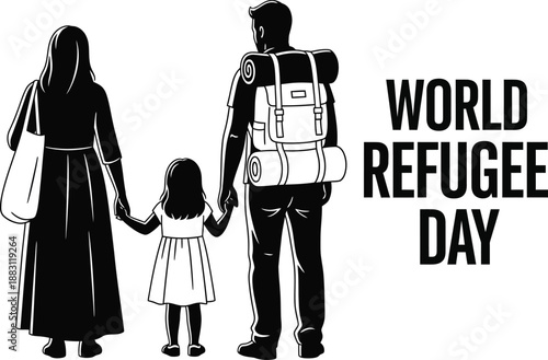 A somber illustration depicts a family mother father and child walking away from the viewer alongside the text world refugee day