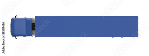 Top view of a blue semi-trailer truck with a long cargo box on a black background