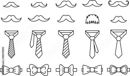A collection of stylistic facial hair neckties and bow ties is presented in a simple black and white illustration high quality